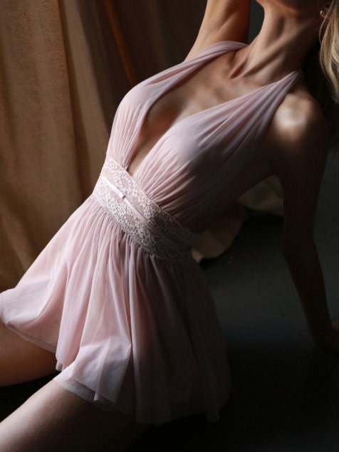 Sheer Nude Halter Backless Lace Nightgown