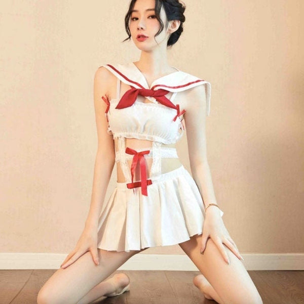 SEXY Sailor Moon Cosplay| Women See Through Erotic Lingerie| Dress| White Lace Student Uniform| Stripper Clothes Sexy Skirt for Sex Cat Girl