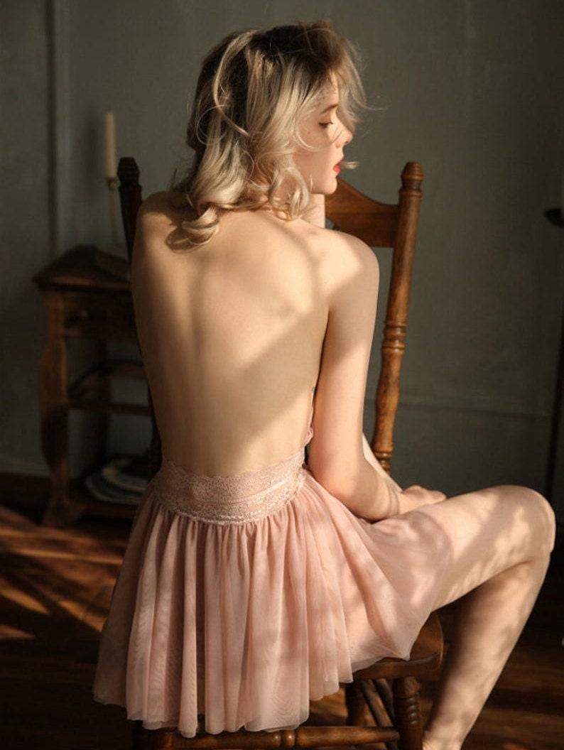 Sheer Nude Halter Backless Lace Nightgown