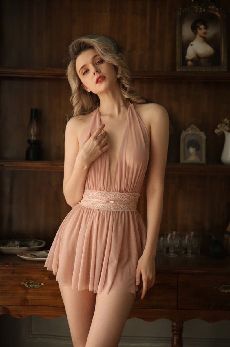 Sheer Nude Halter Backless Lace Nightgown